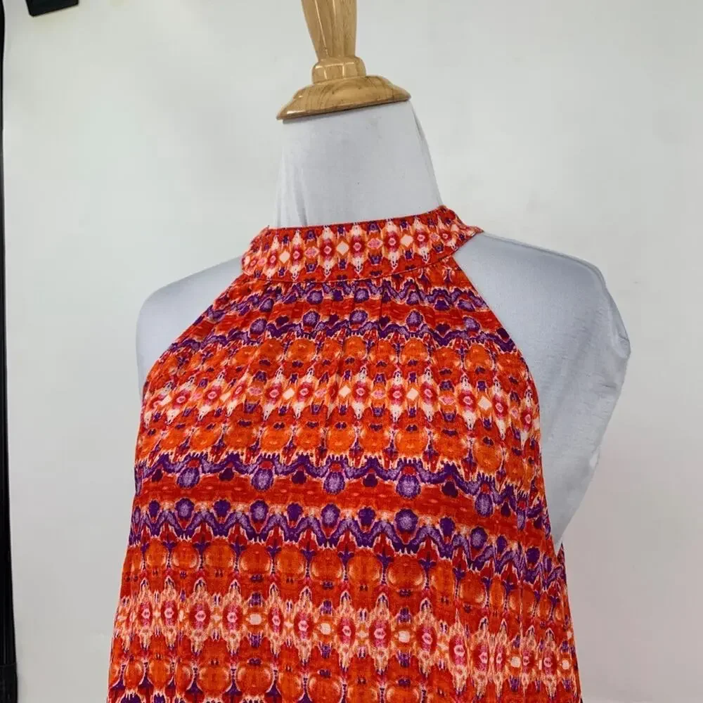 THML Top Womens S Small Red Orange Multi Halter Big Bow Tie Back Tassels Hem